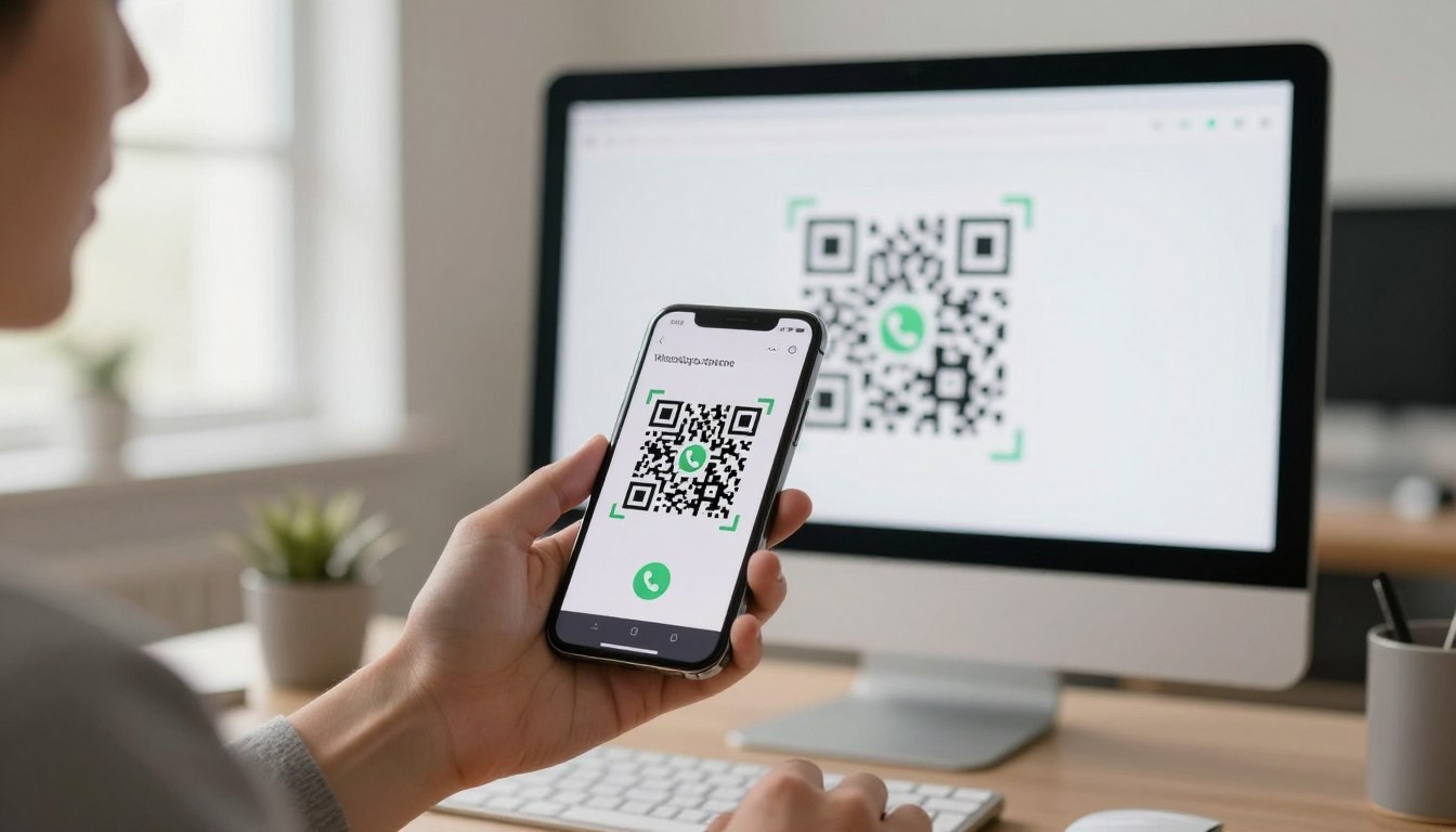 Phone scanning a QR code displayed on WhatsApp Web