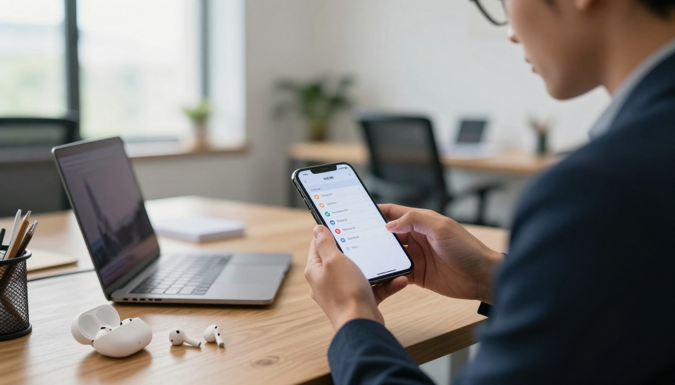 Business owner checking linked devices settings on a phone